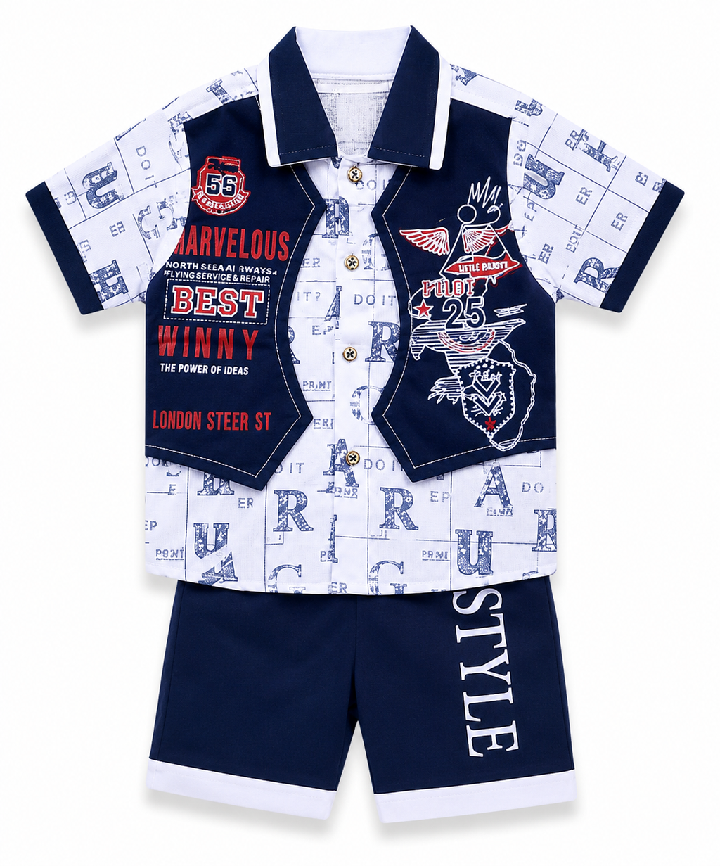Kids Stylish 3-Piece Summer Outfit Set – Premium Cotton Shirt, Vest & Shorts
