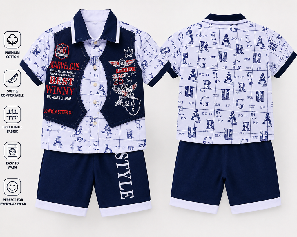 Kids Stylish 3-Piece Summer Outfit Set – Premium Cotton Shirt, Vest & Shorts
