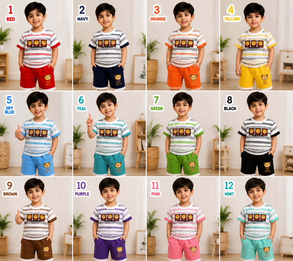Kids Happy Bear Summer Outfit Set – Soft Cotton Striped T-Shirt & Shorts