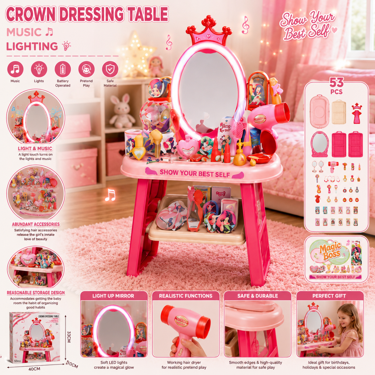 Royal Crown Vanity Dressing Table with LED Mirror, Magic Music & Pretend Beauty Accessories – 53 Pcs